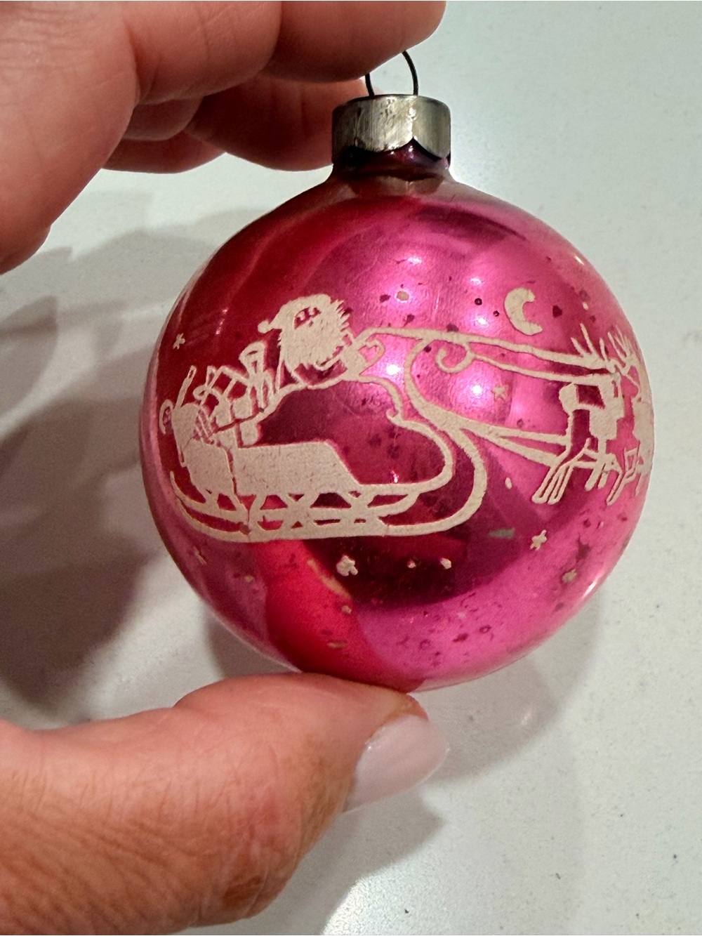 Vintage Glass Ornament - Pink Santa Sleigh and Reindeer- Made in USA